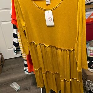 NWT boutique flowy Mustard Yellow women’s Dress with ruffle accents
